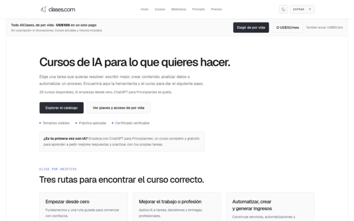 Captura auténtica del catálogo de AIClases con rutas de inicio y cursos gratuitos.