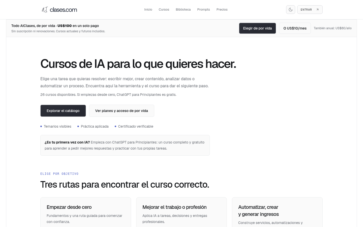 Captura auténtica del catálogo público de AIClases, con las rutas de inicio y los cursos gratuitos para principiantes.