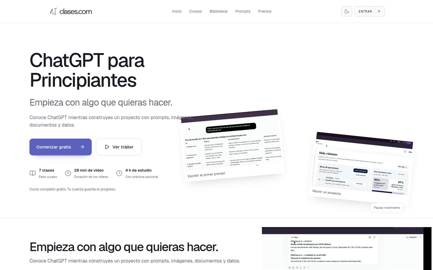 Captura auténtica de la página pública de ChatGPT para Principiantes, con el botón de inicio gratuito y el recorrido de clases.