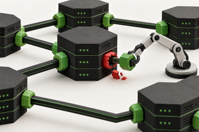 Node.js publica parches de seguridad: qué actualizar y comprobar Ilustración editorial de mantenimiento de infraestructura web